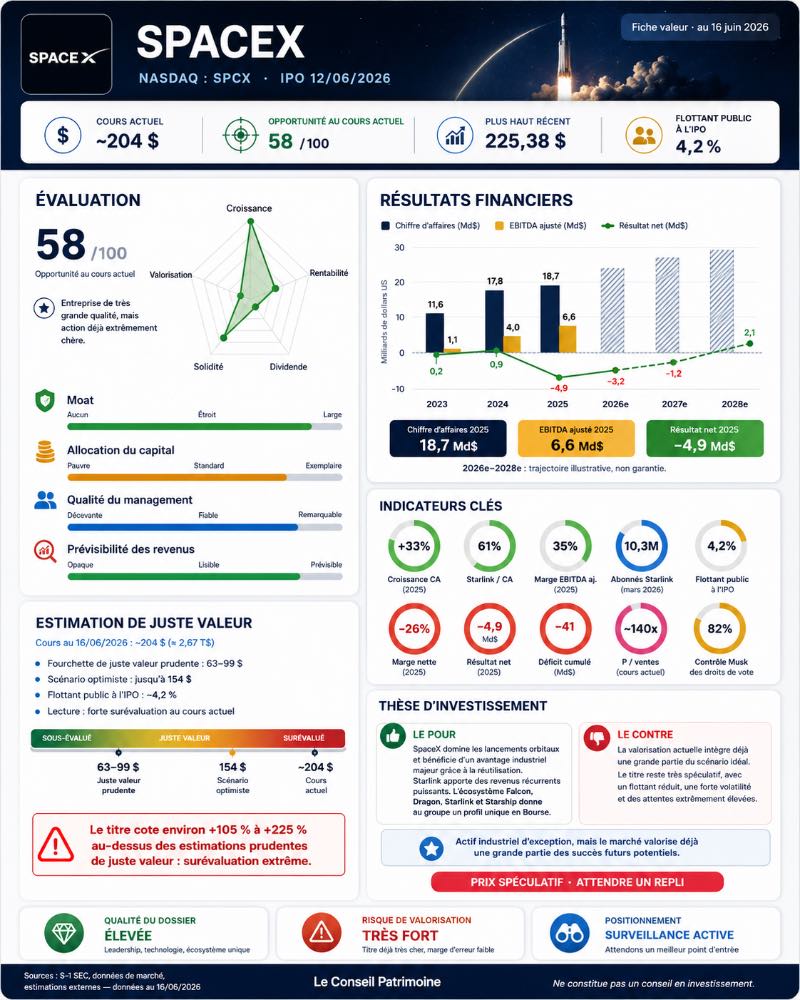 SpaceX fait une entrée remarquée en Bourse avec une forte progression du titre SPCX après son IPO. Notre infographie résume les chiffres clés, les risques et notre avis.